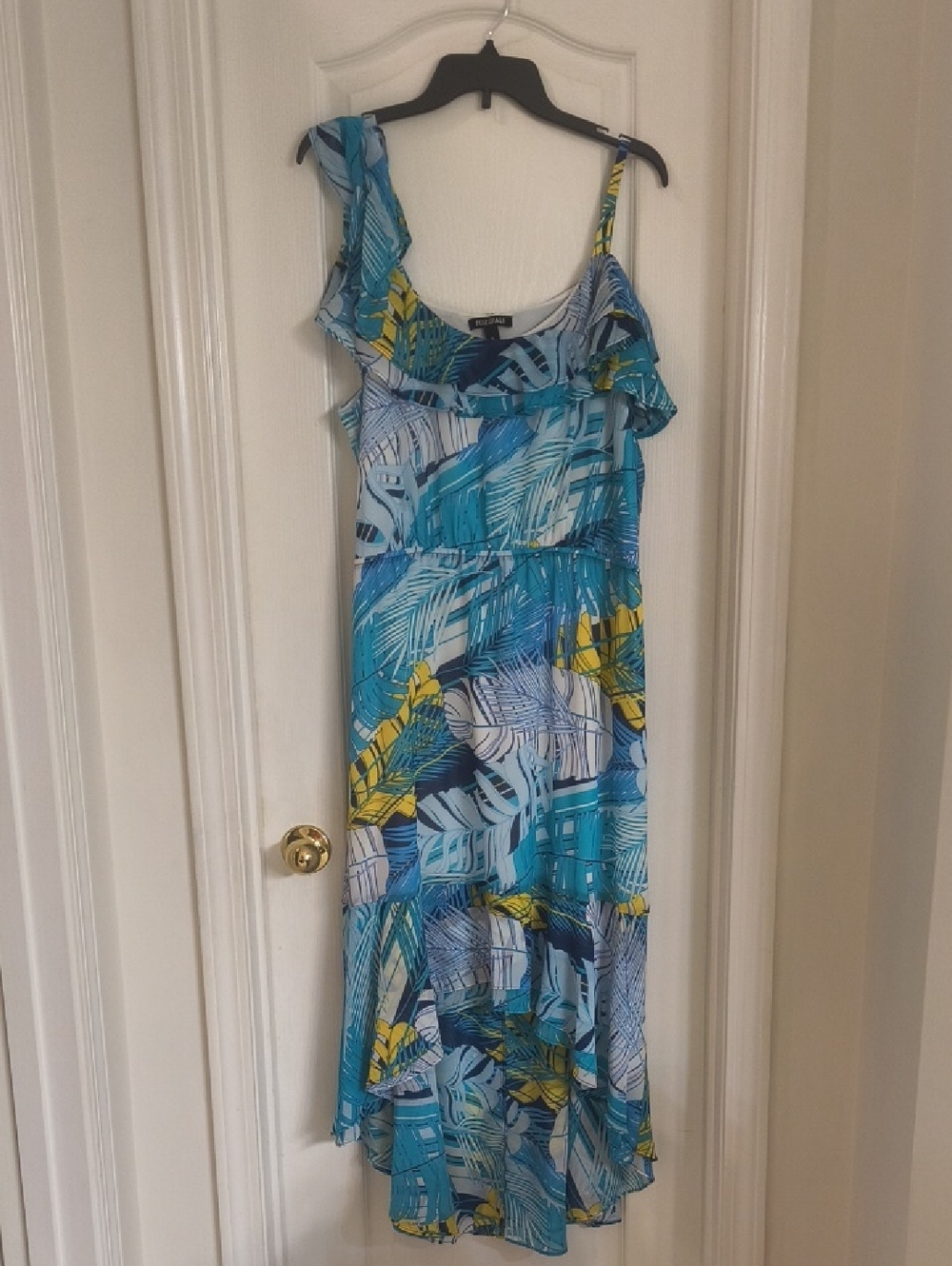 Roz & Ali Teal Blue Tropical Ruffle High-Low Maxi Dress